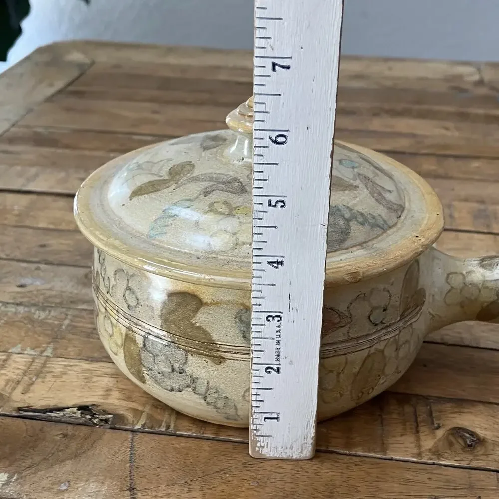 Olaria De Almancil Covered Bean Pot Crock Handle Rustic Floral Design Signed